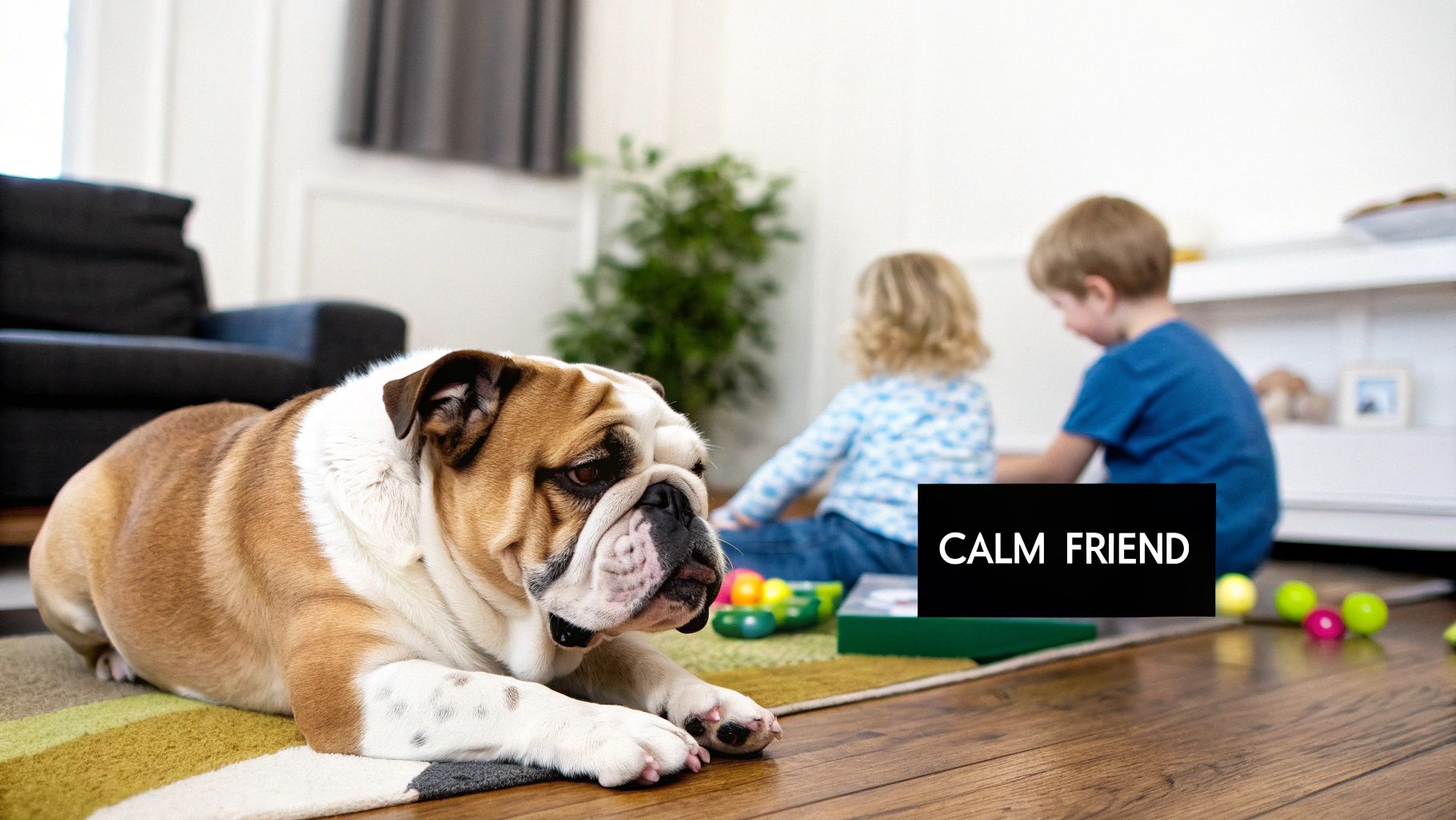 Bulldog lying on a wooden floor