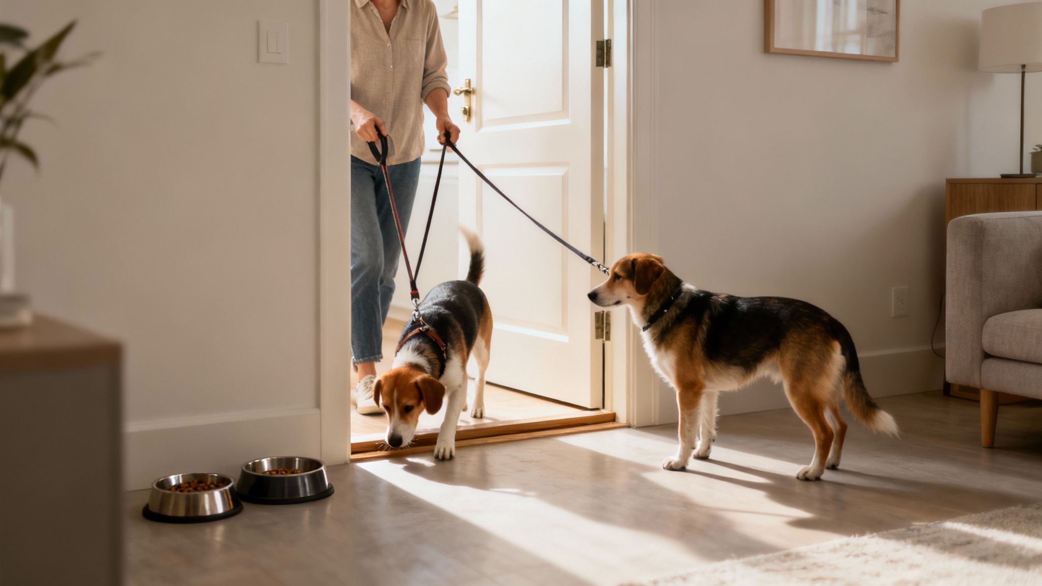 Two happy dogs playing together inside a home.