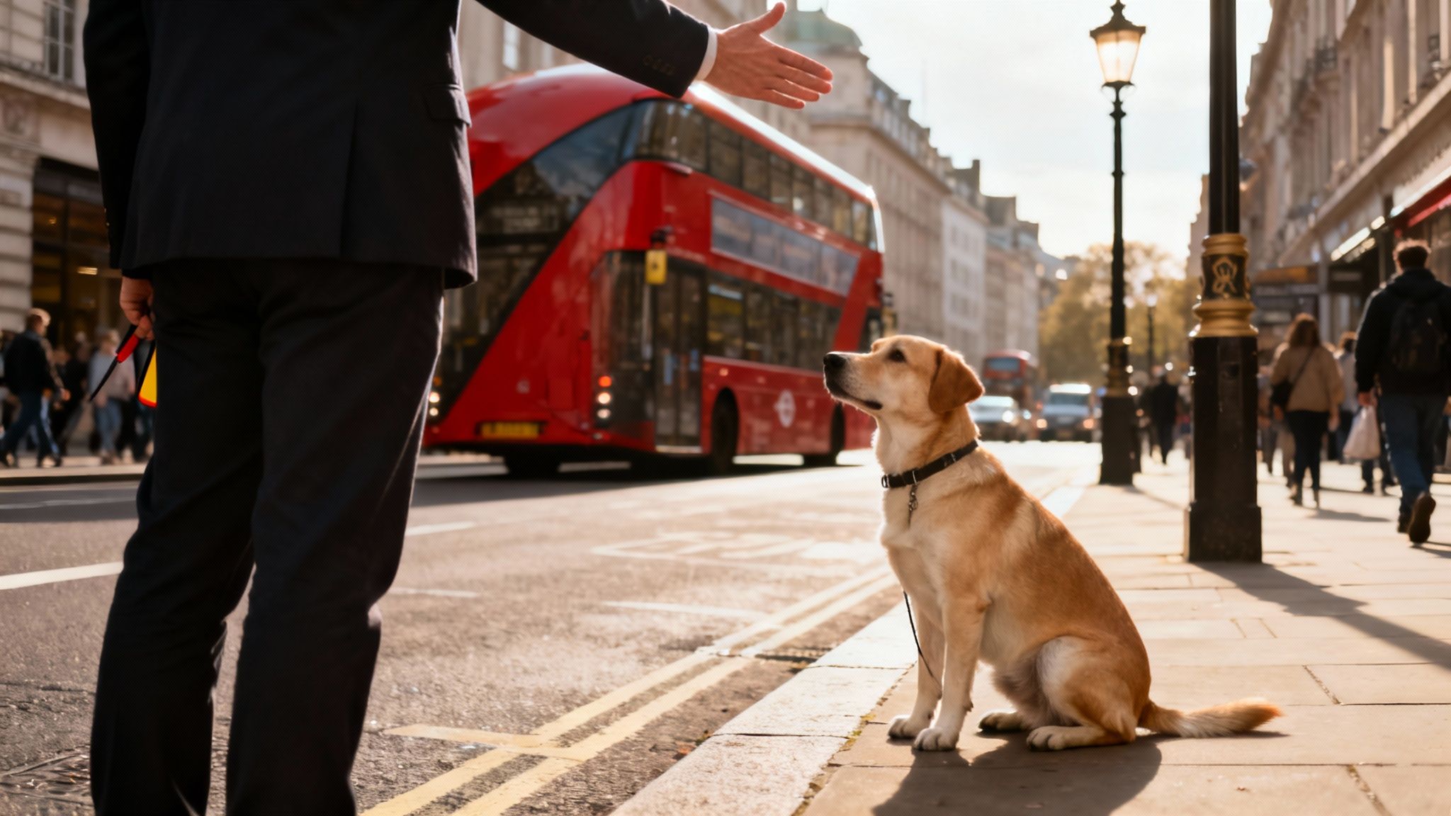 A dog sitting patiently and looking at its owner.