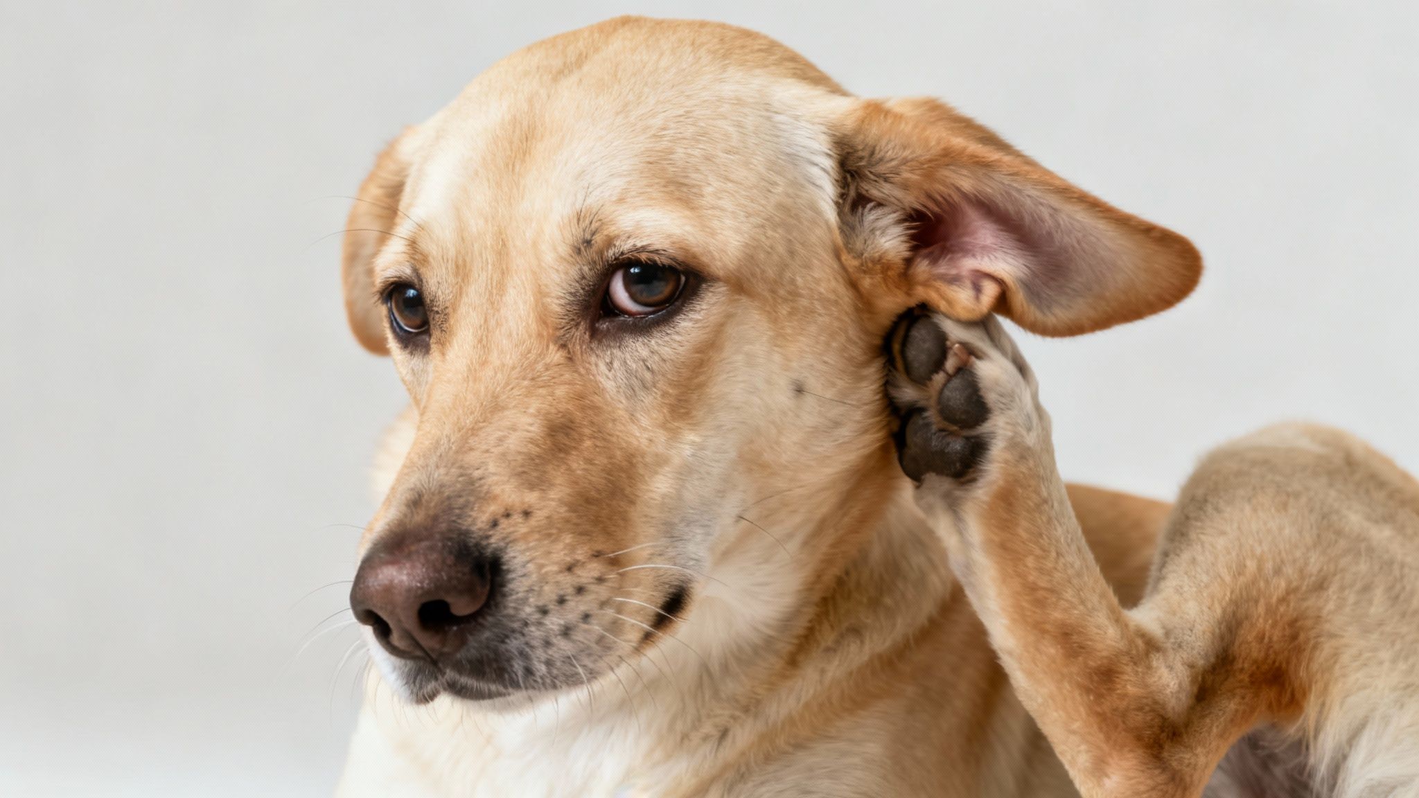A close-up of a dog's ear, showing the inner flap and ear canal.