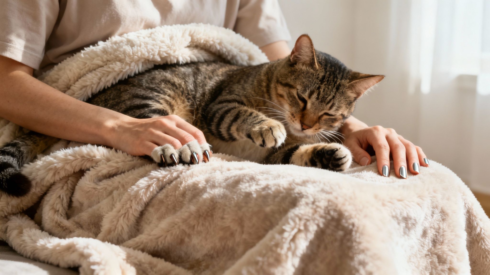 A person placing a soft blanket on their lap for a cat to knead on.
