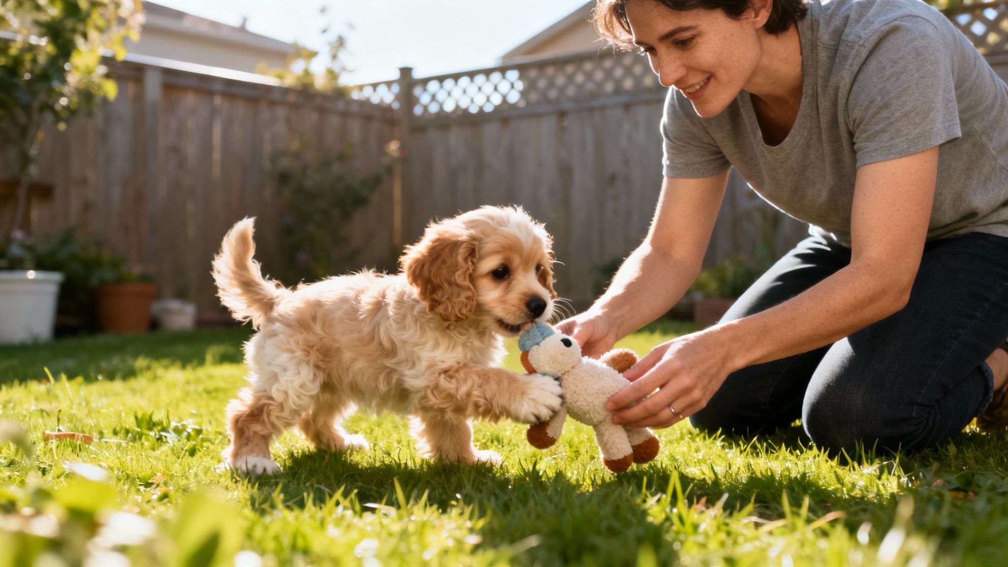 An adult Cockapoo sitting happily on a walk