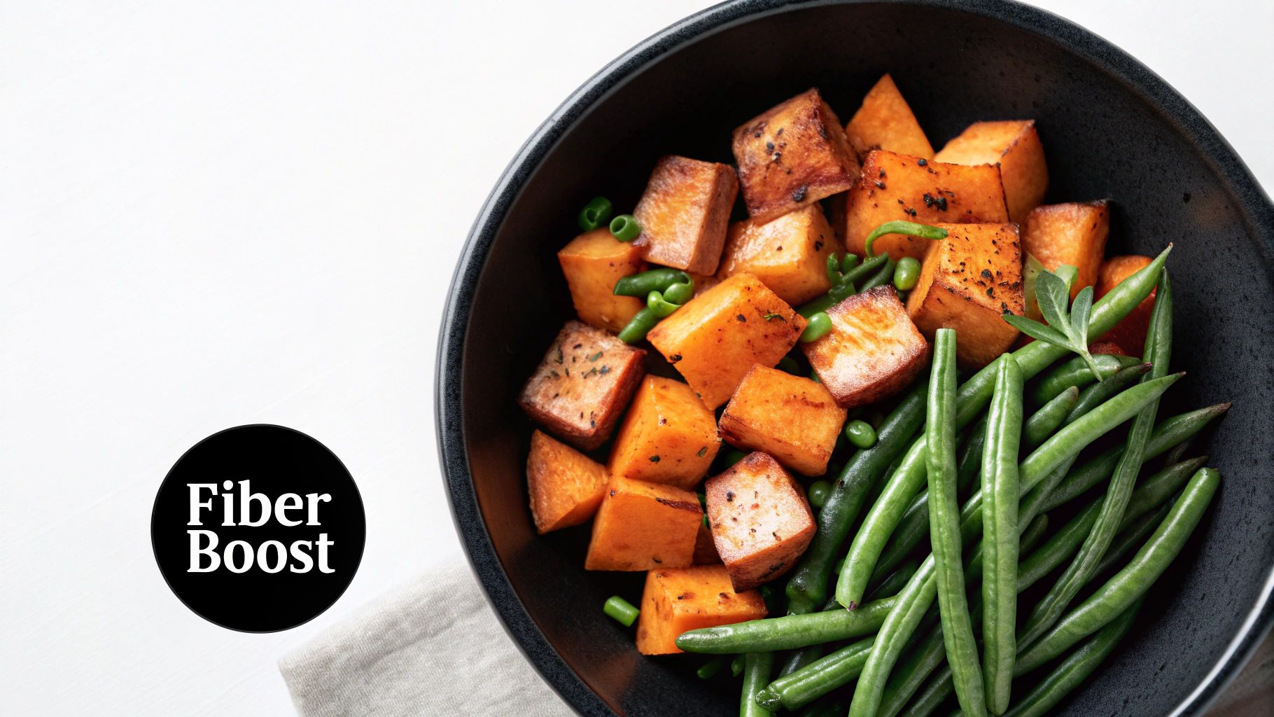 A small white dog eating from a bowl filled with kibble and pieces of sweet potato and green beans.