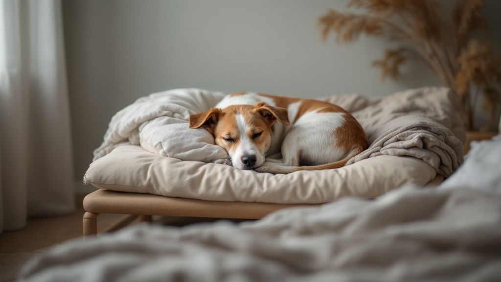 A comfortable-looking dog sleeping in a well-prepared bed