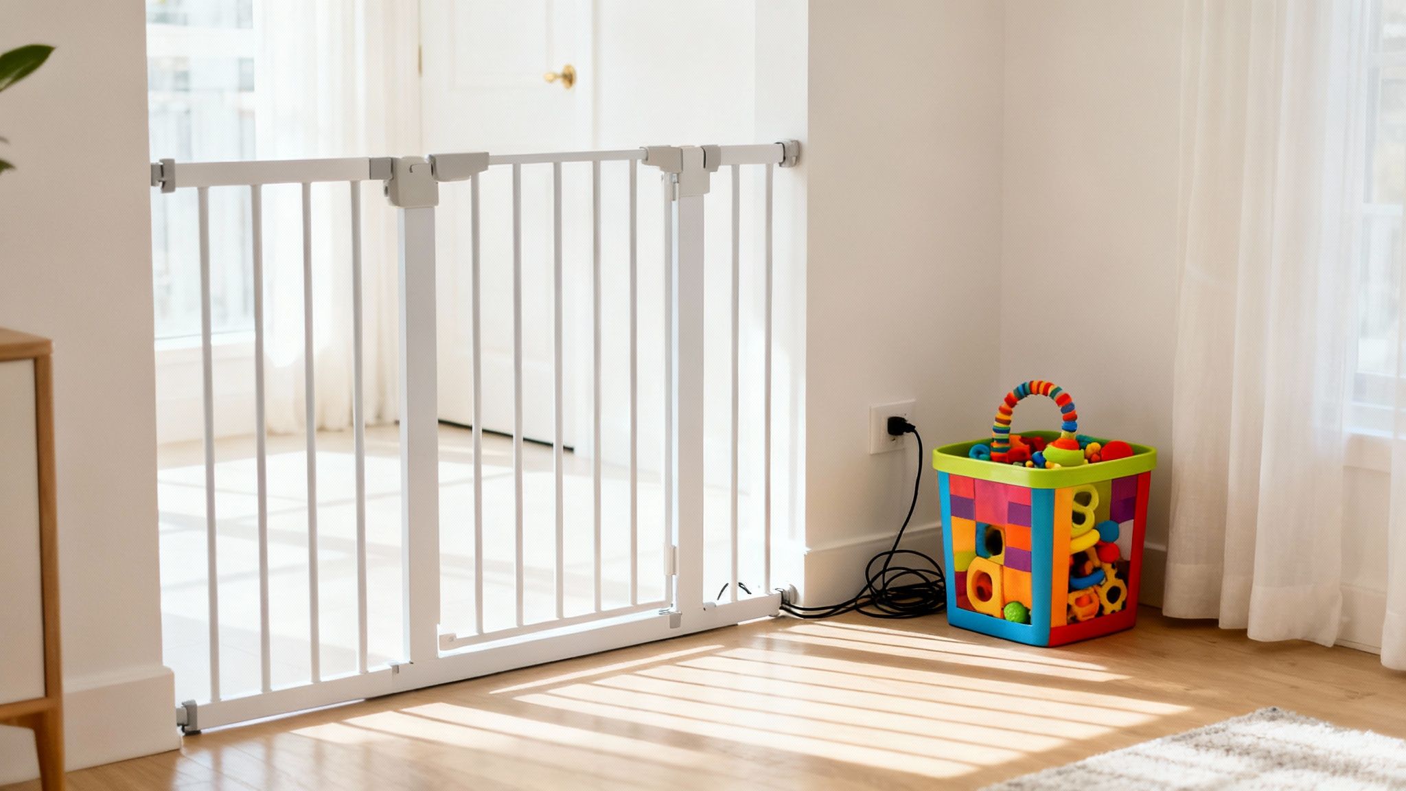 A dog-proofed living room with toys neatly in a basket and cords tucked away.