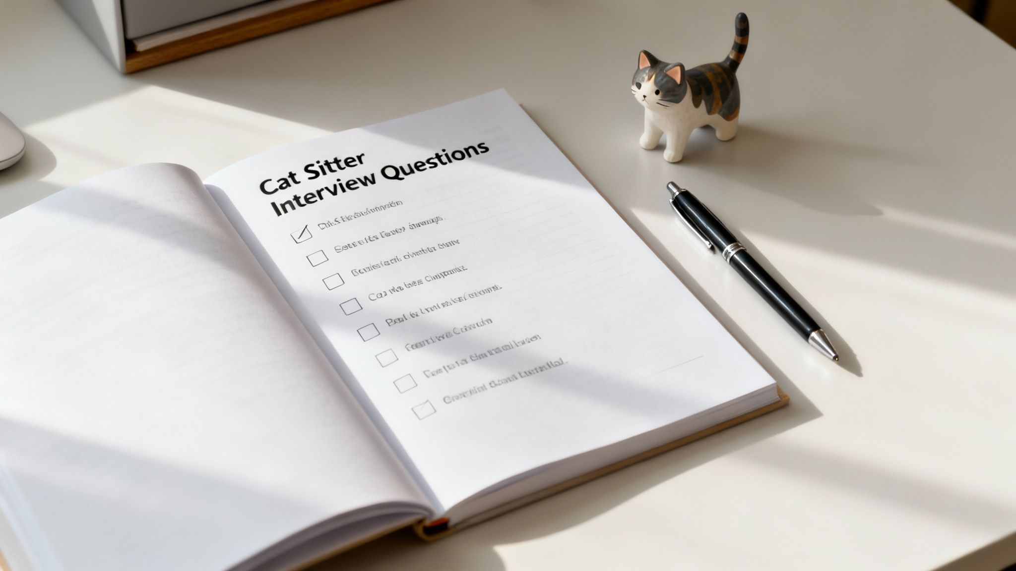 A person gently petting a cat while taking notes on a clipboard