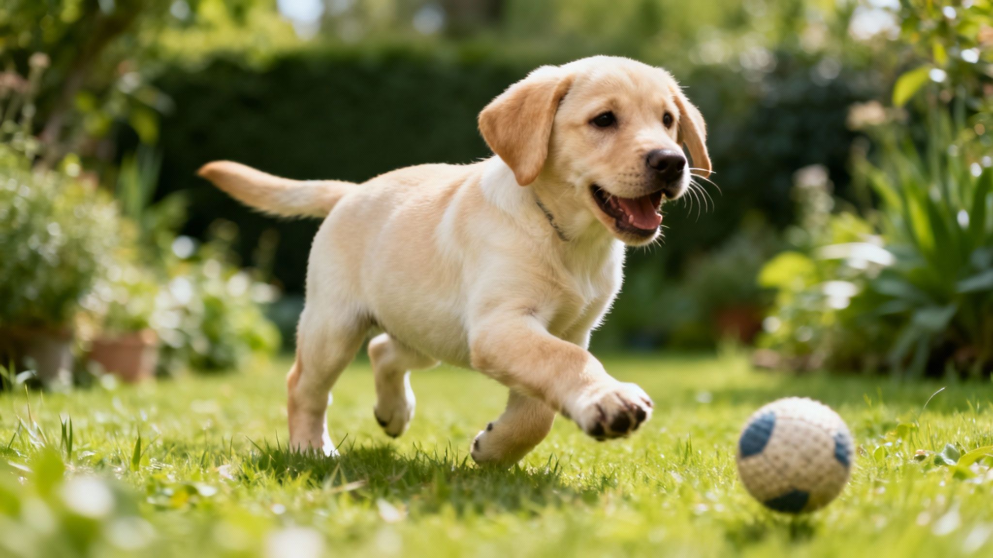 A young Labrador puppy sitting on a wooden floor looking up