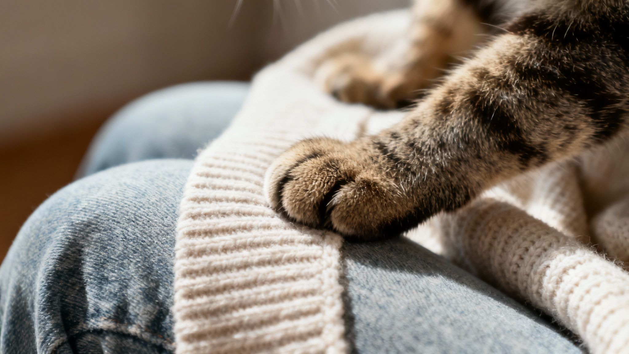 A close-up of a cat kneading on a soft, fluffy blanket