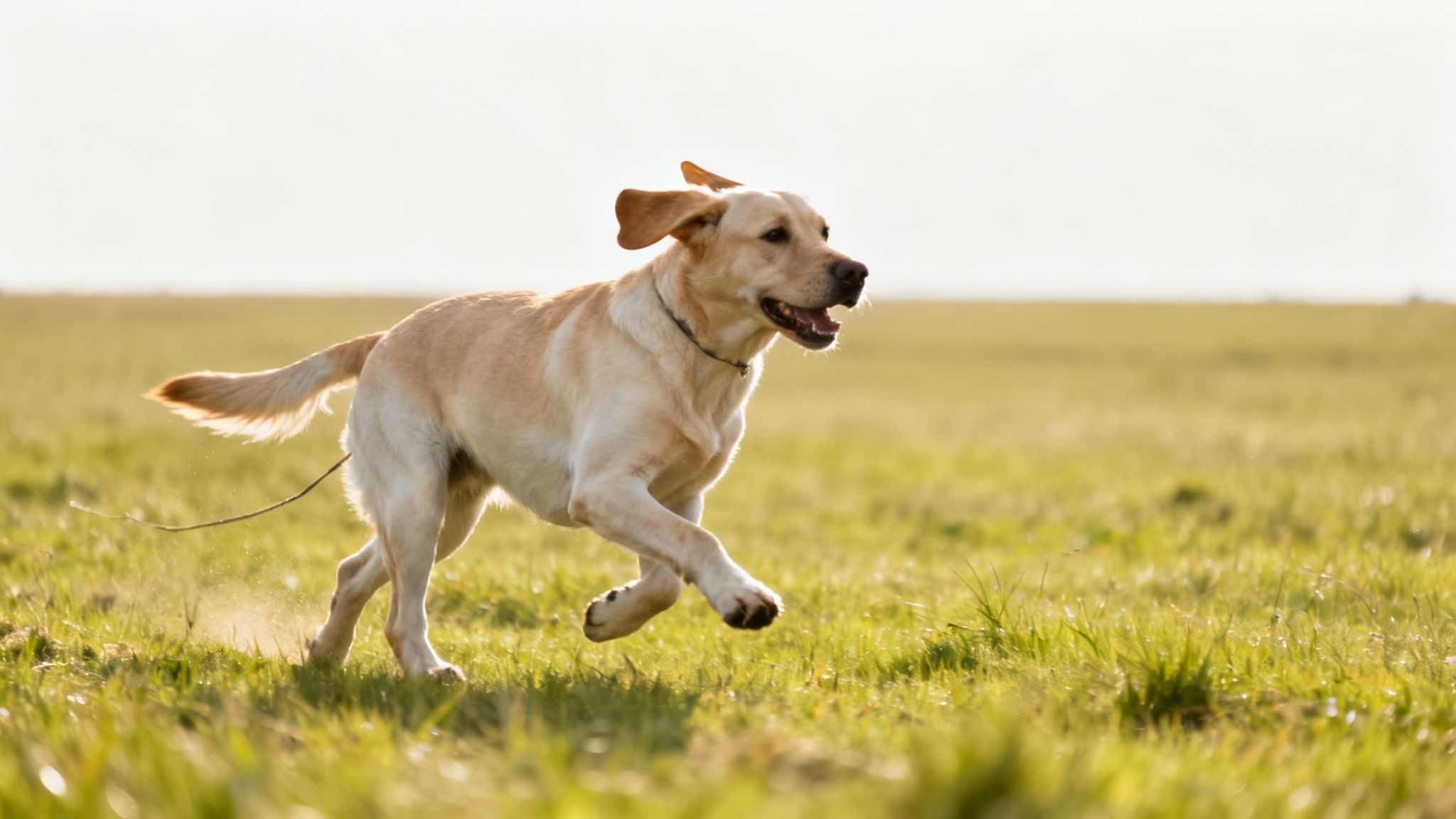 A happy adult Labrador running through a field with a ball