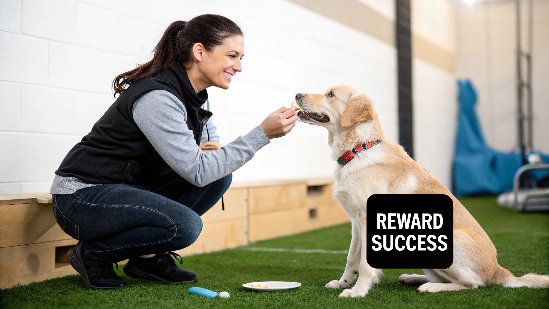 A person giving a treat to a happy dog as a reward during training.