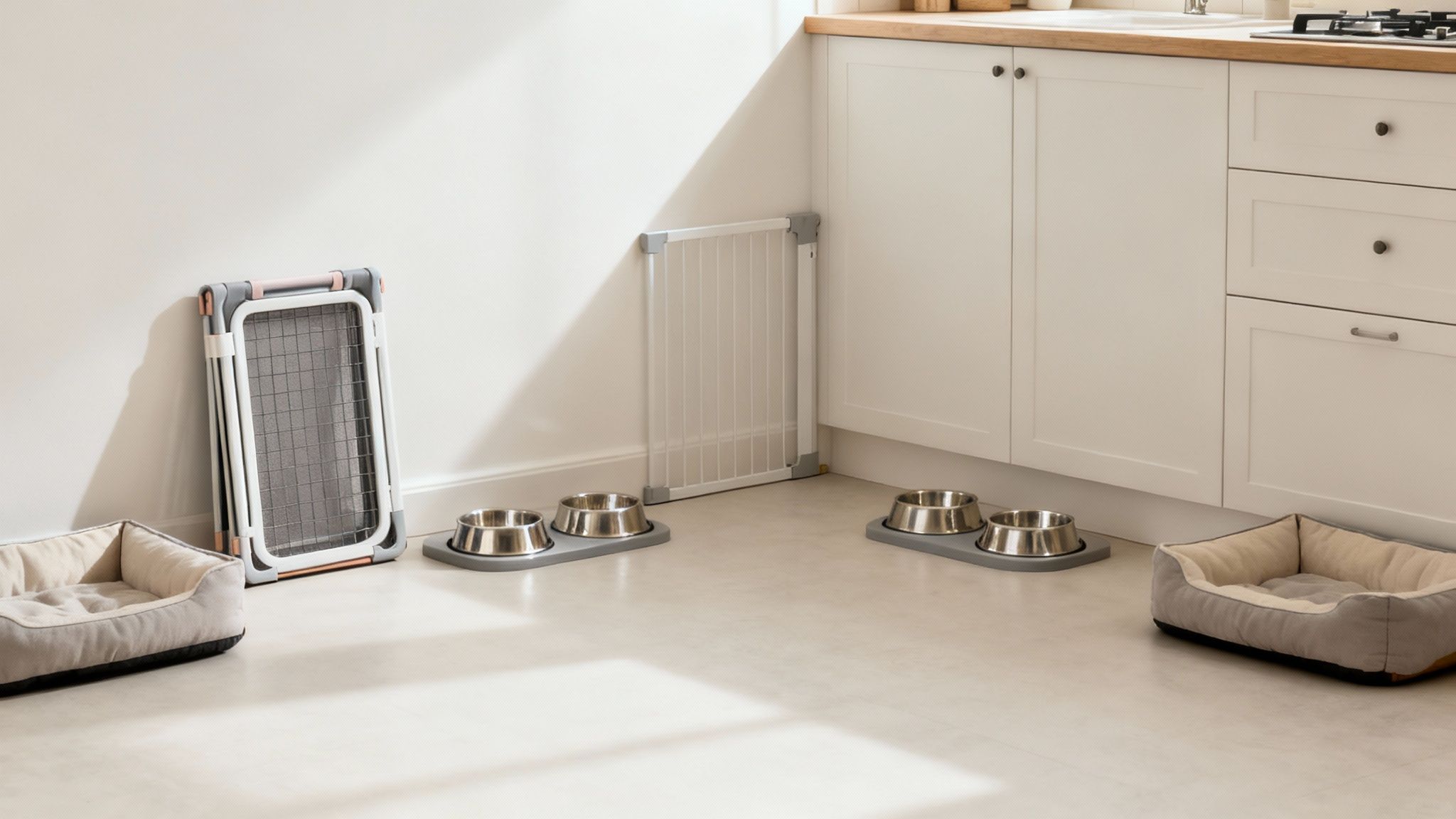 Two separate dog beds and bowls are set up in a living room, illustrating the concept of separate resources for multiple dogs.