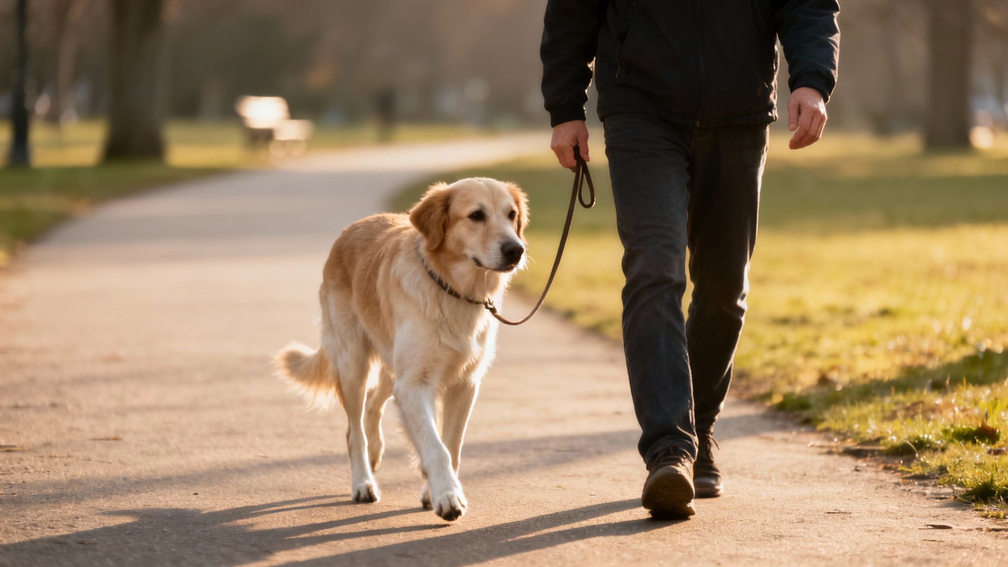 Dog on a lead walking happily through a park with its owner.