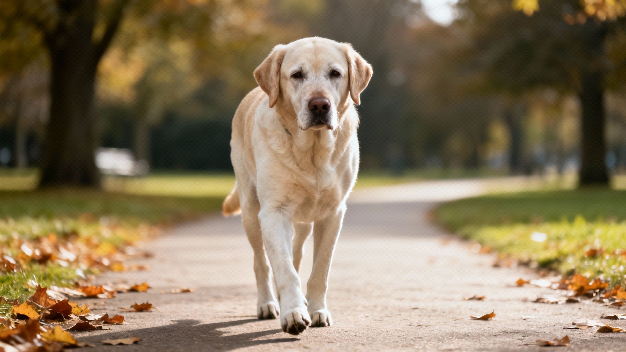 An older, grey-muzzled Labrador lying comfortably in the grass