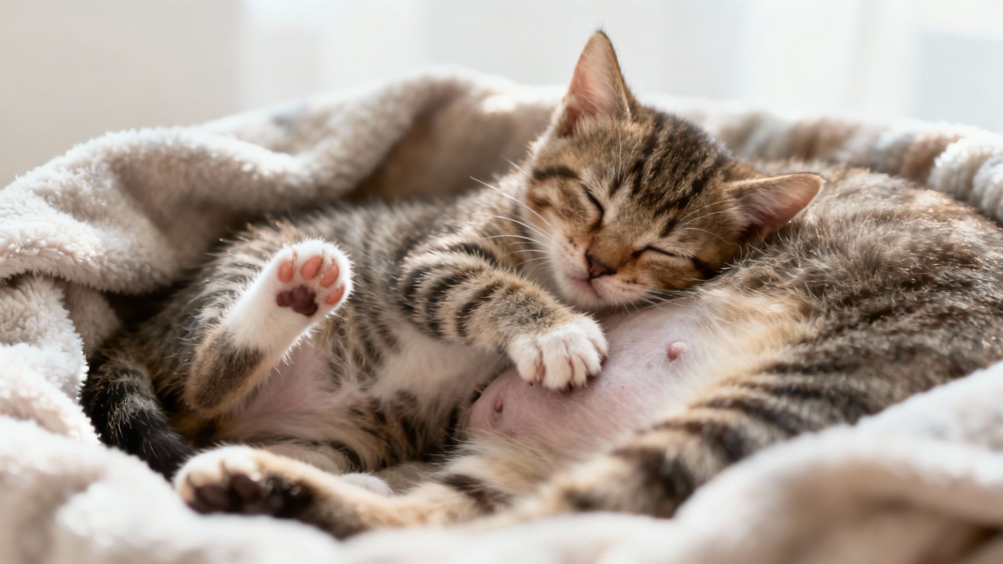 A small kitten kneading on a soft, grey blanket