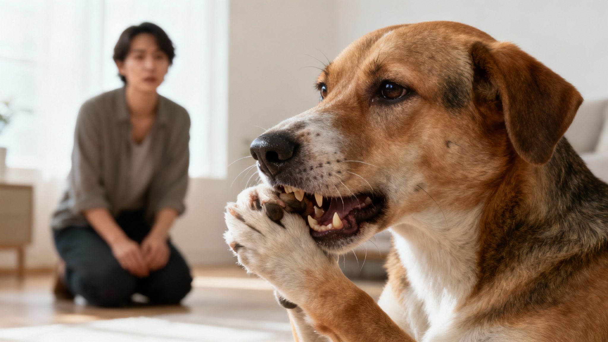 A worried dog looking up at its owner, conveying a sense of distress.