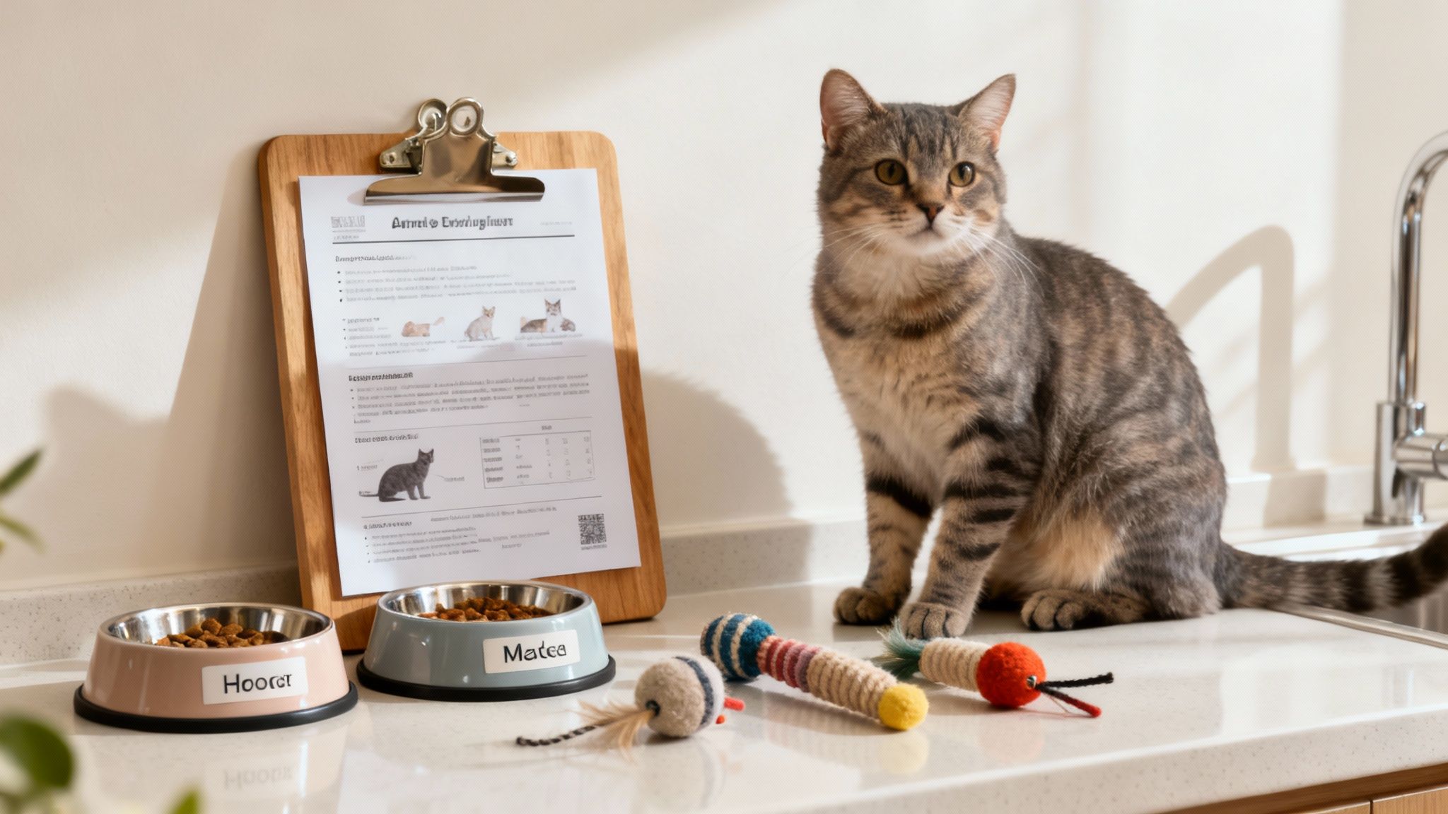 A well-prepared home with a cat's food, water, and toys neatly arranged