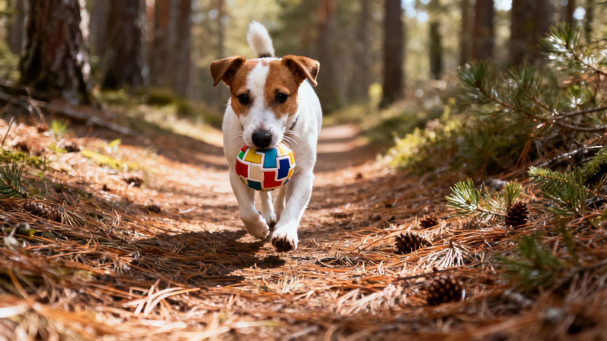 A happy dog running with a ball in a park.