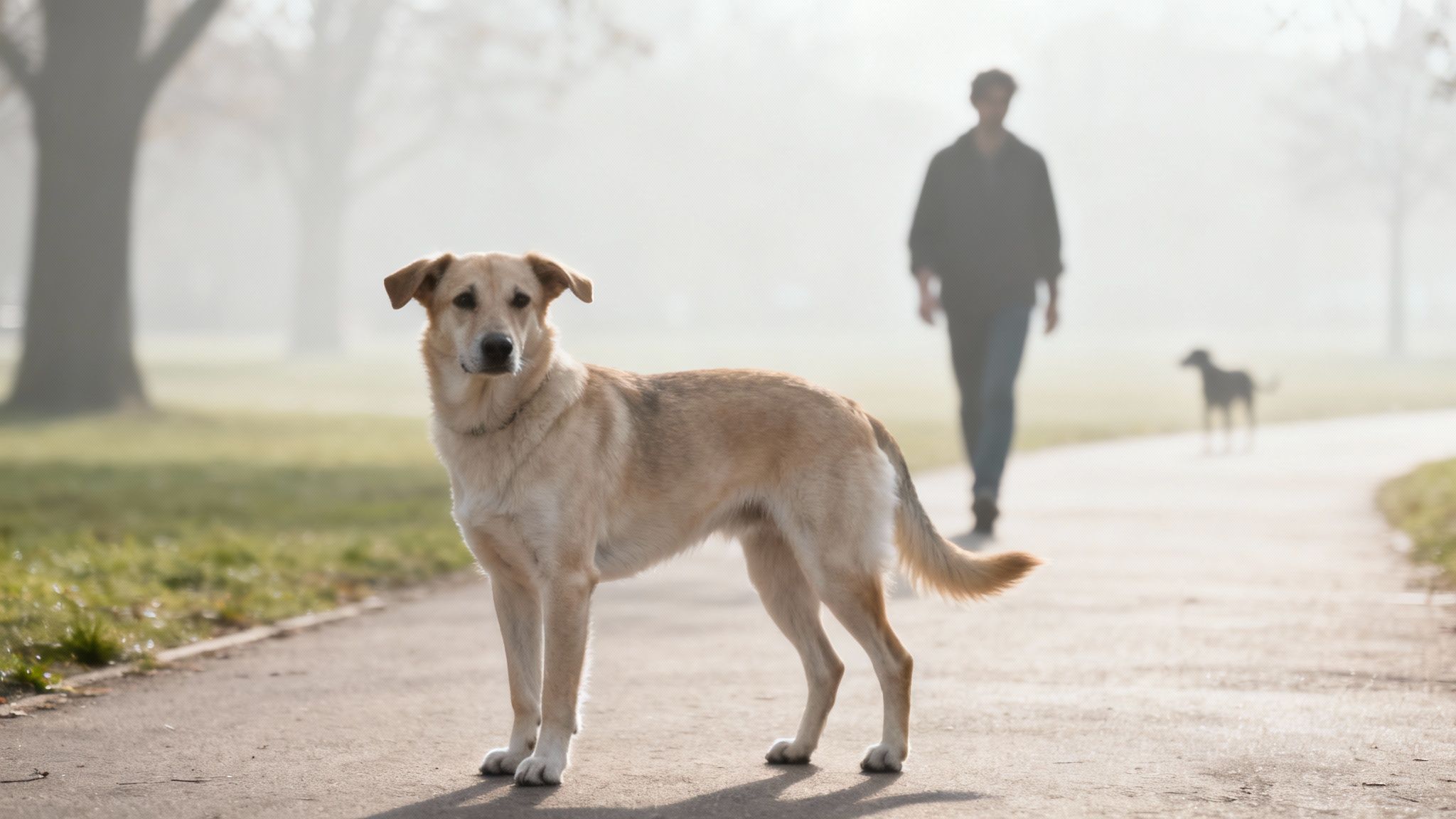 Two dogs, one a golden retriever and the other a smaller mixed breed, playing happily together on a green lawn.