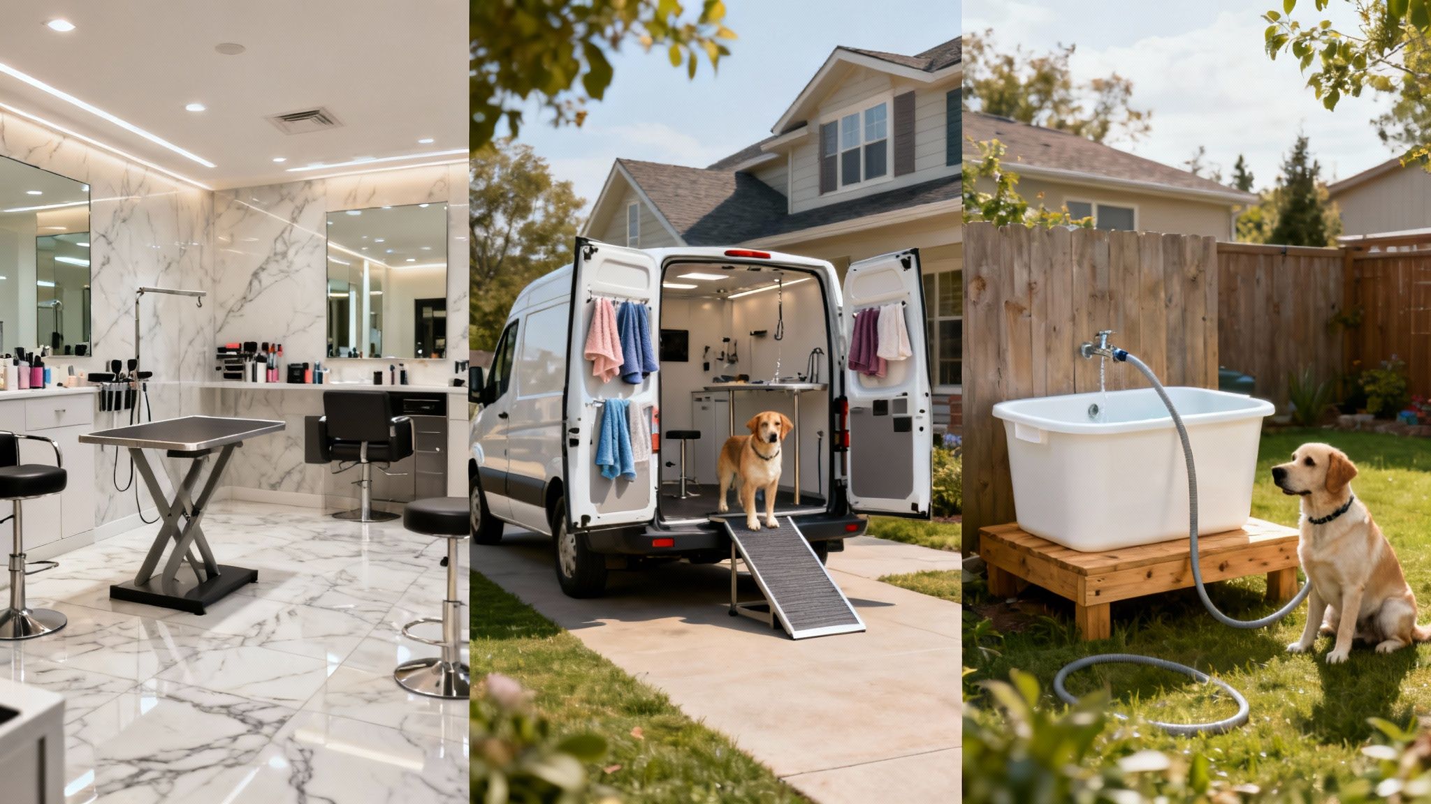 A clean, modern dog grooming salon with several grooming stations