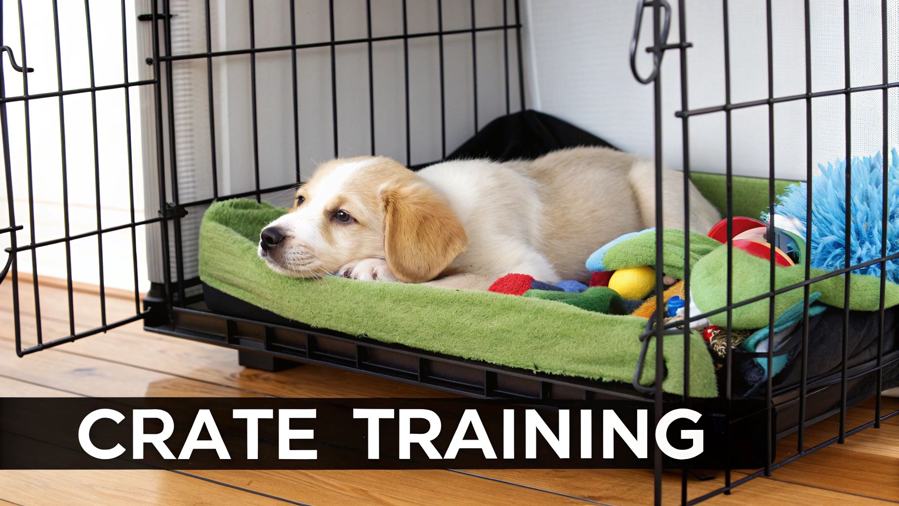 A person and their puppy sitting on the floor looking at a daily schedule written on a whiteboard, creating a predictable routine.