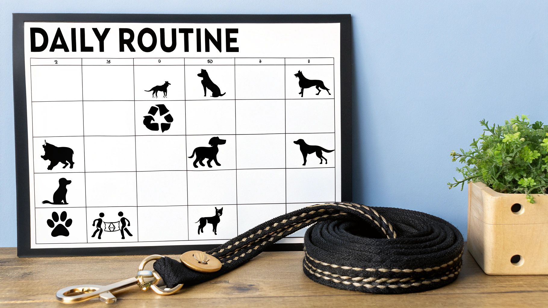 A person pointing at a wall calendar with a dog sitting attentively beside them, representing a training schedule.