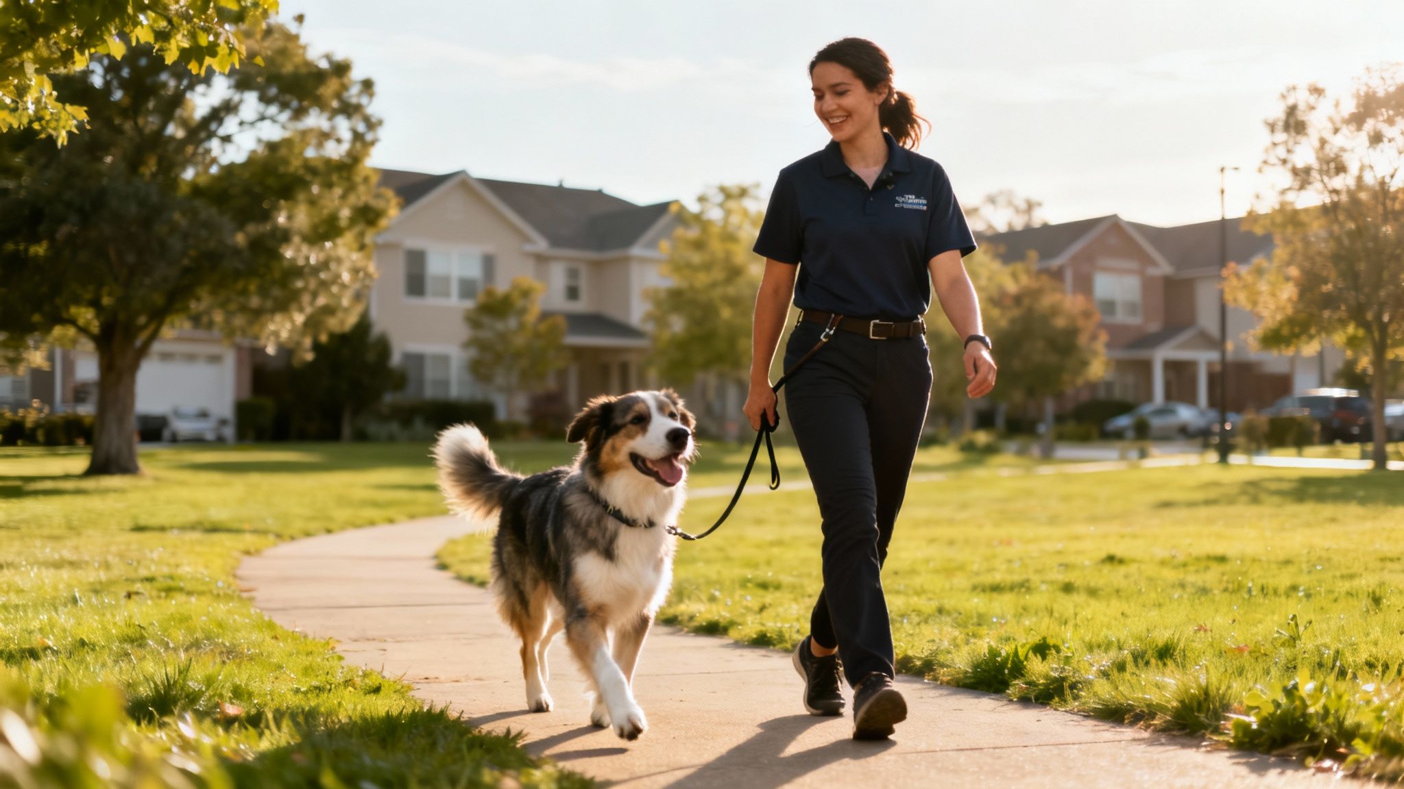 A professional dog walker with a happy golden retriever on a lead in a sunny park.