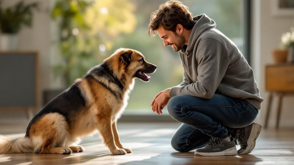 A dog owner holds their German Shepherd's collar, showing a moment of calm control and connection.