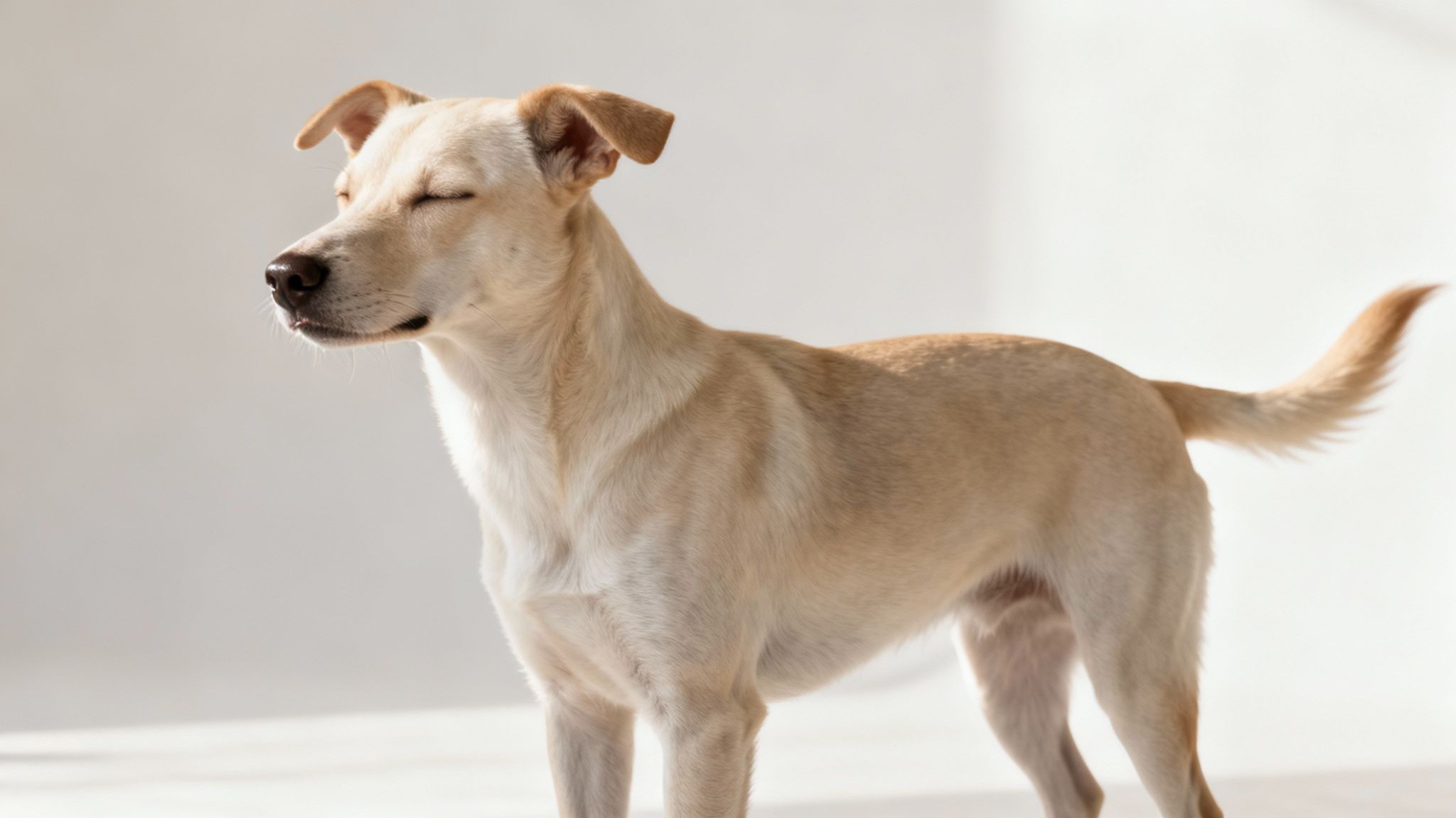 A happy dog with soft eyes and relaxed ears looking at the camera