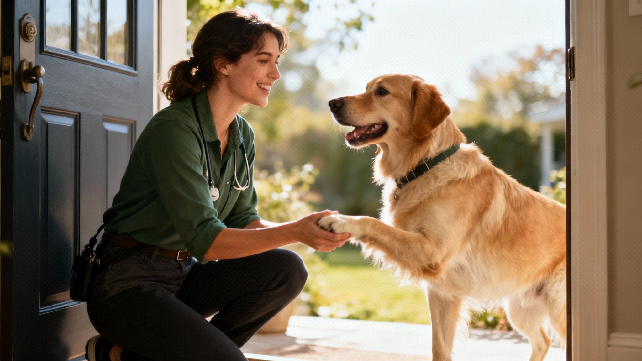 A potential dog walker meeting a dog for the first time in a home setting, with the owner watching.