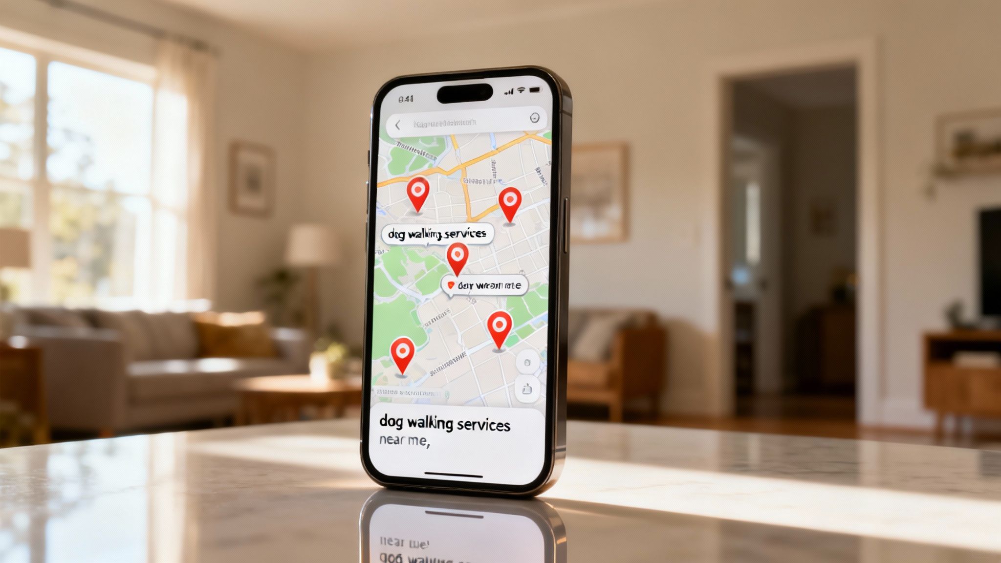 A person using their smartphone to look up local dog walking services, with a happy dog in the background.