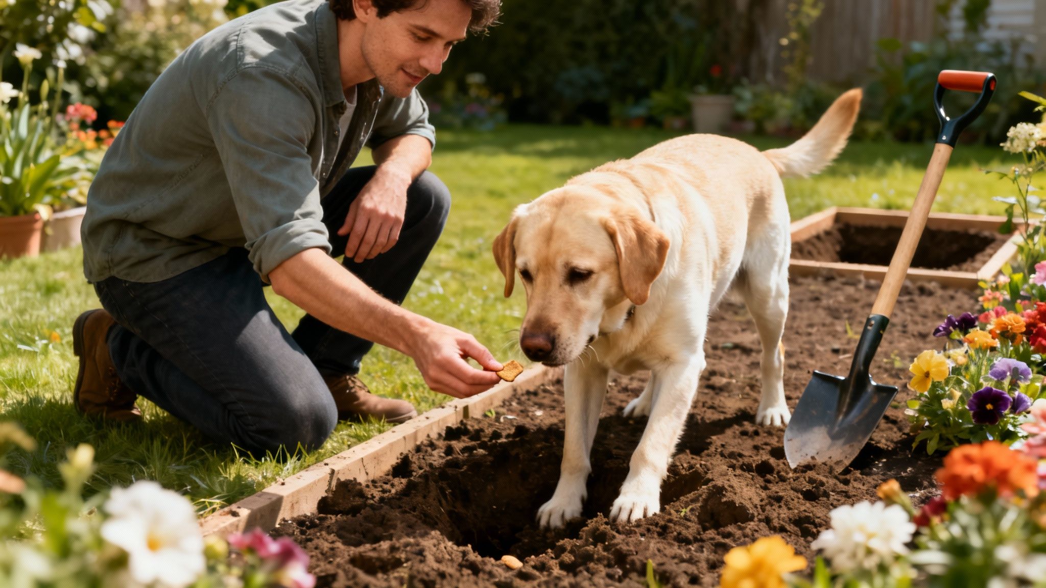 A person giving a treat to a happy dog in a garden setting.
