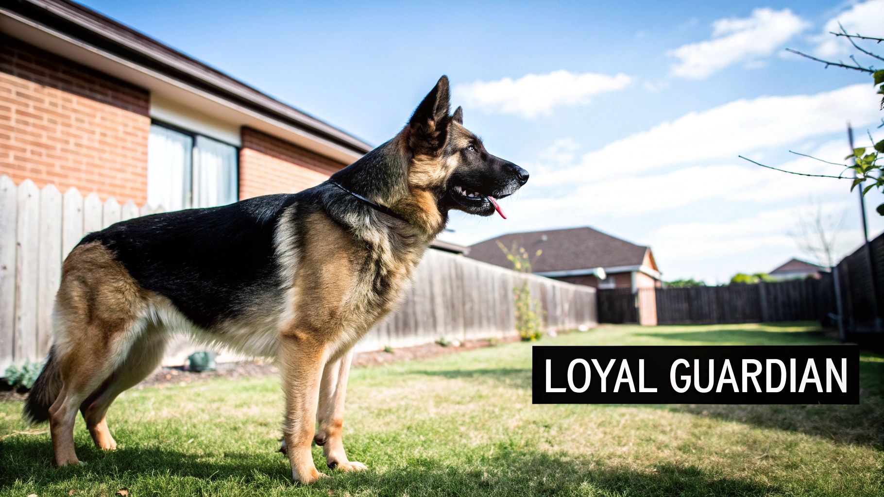 A German Shepherd standing alert in a grassy field, showcasing its noble and athletic build.