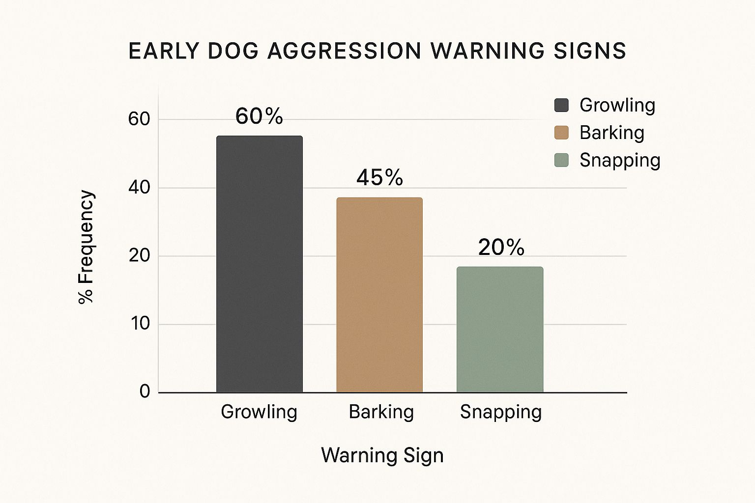 Infographic bar chart comparing the frequency of early dog aggression warning signs Growling 60%, Barking 45%, and Snapping 20%.