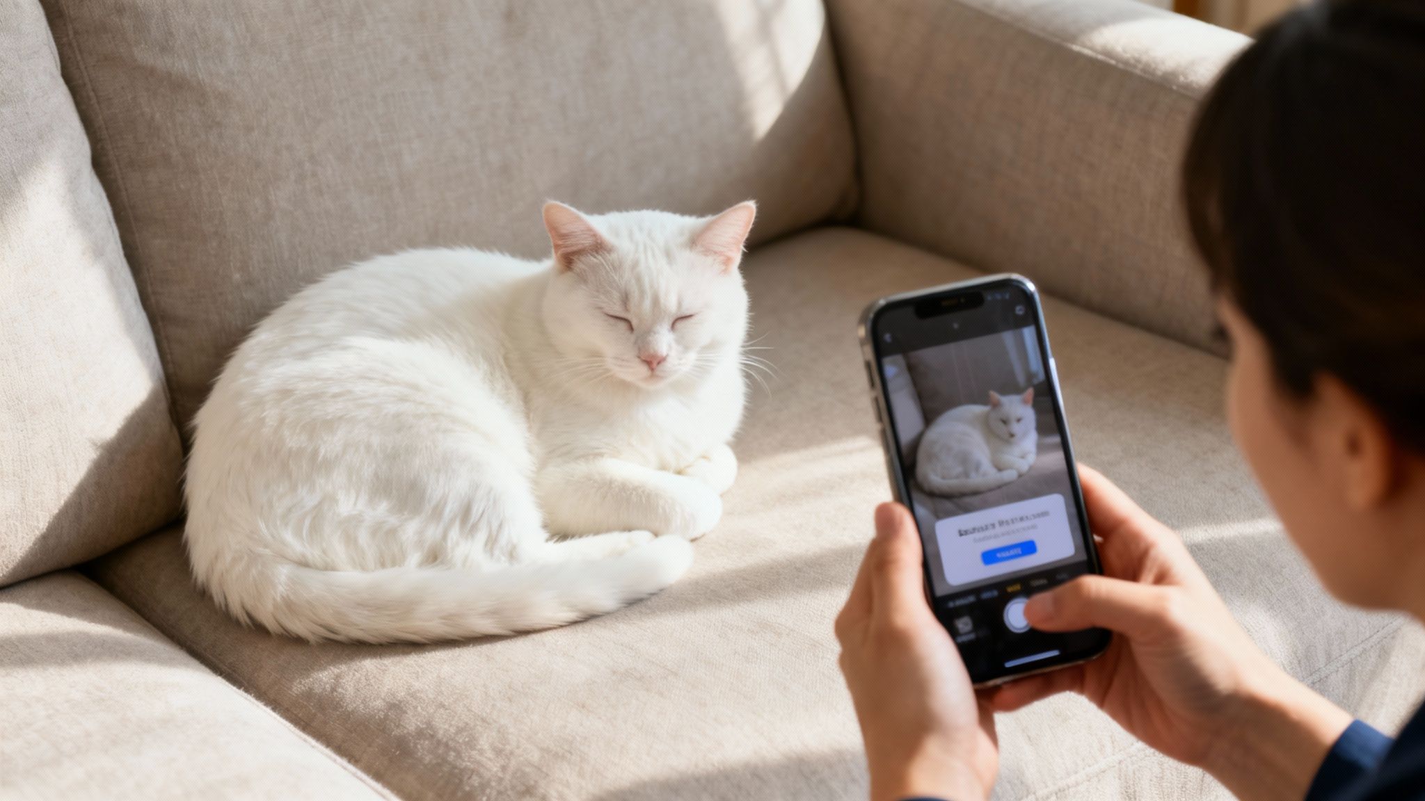 A cat owner smiling while a professional cat sitter takes notes during a meet and greet.