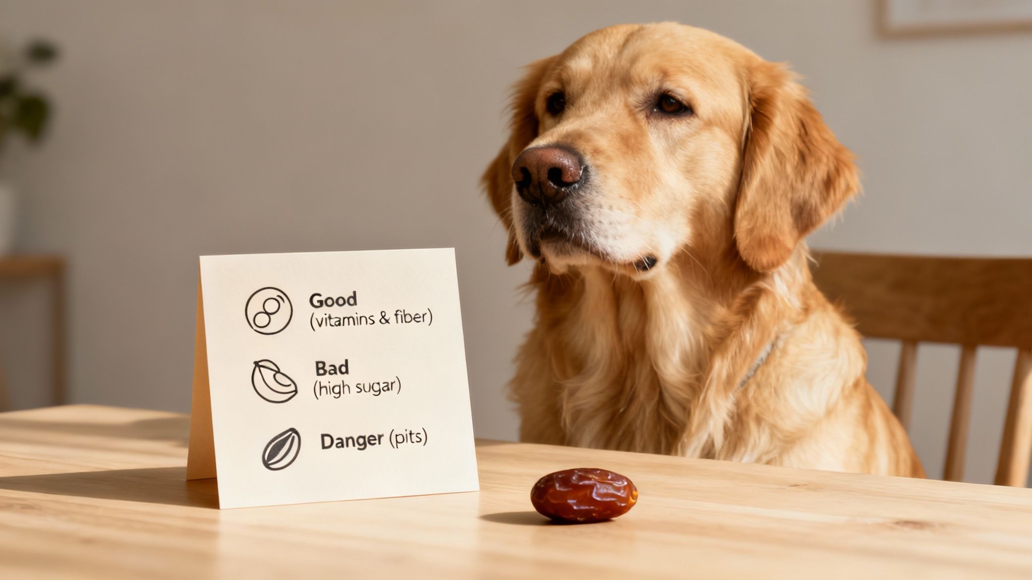 A happy dog sitting patiently, looking at a bowl of dates on a wooden table.