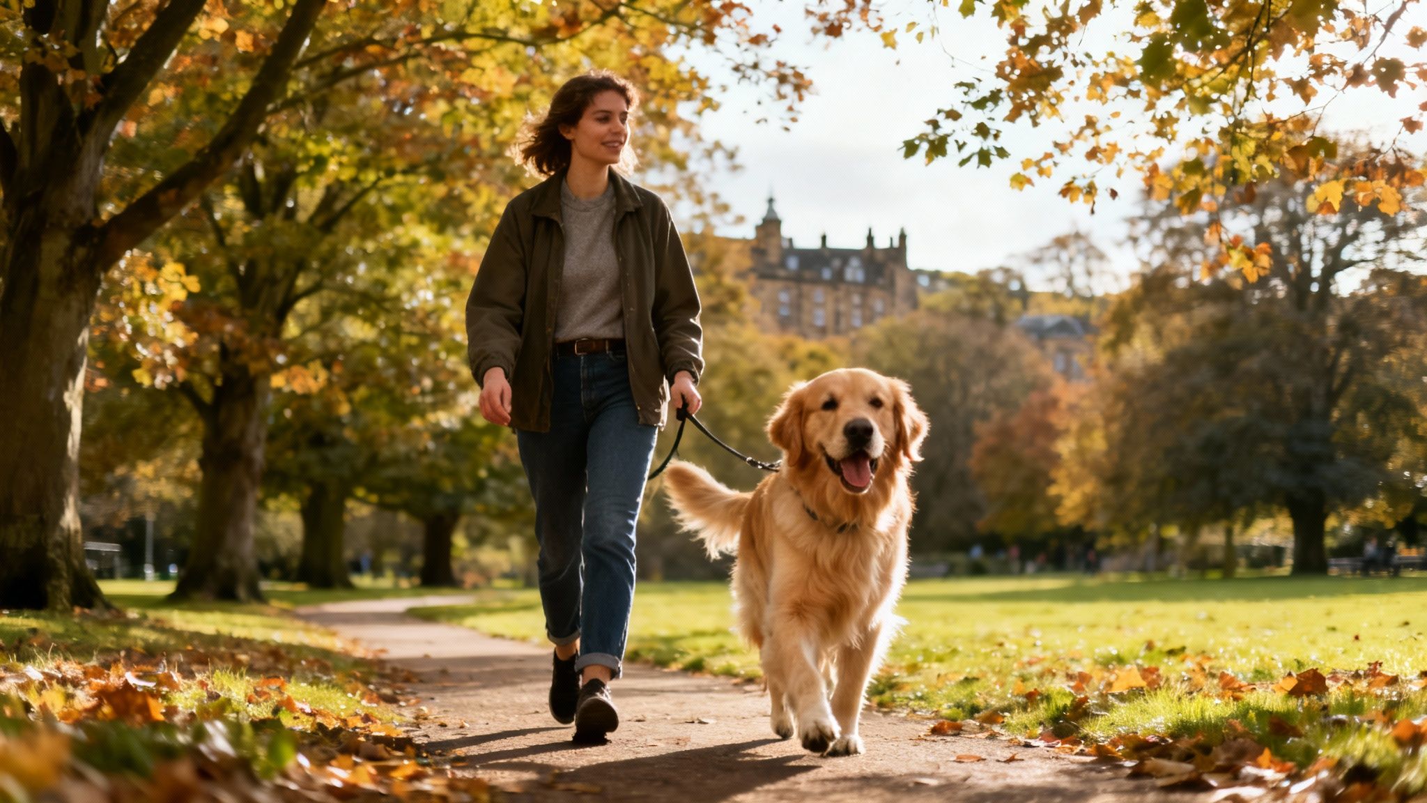 A professional dog walker kneeling down to greet a happy golden retriever in a park