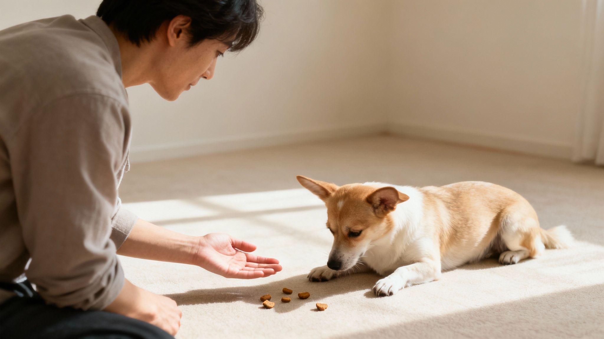 A dog owner calmly petting their dog, who is looking up with a relaxed expression.
