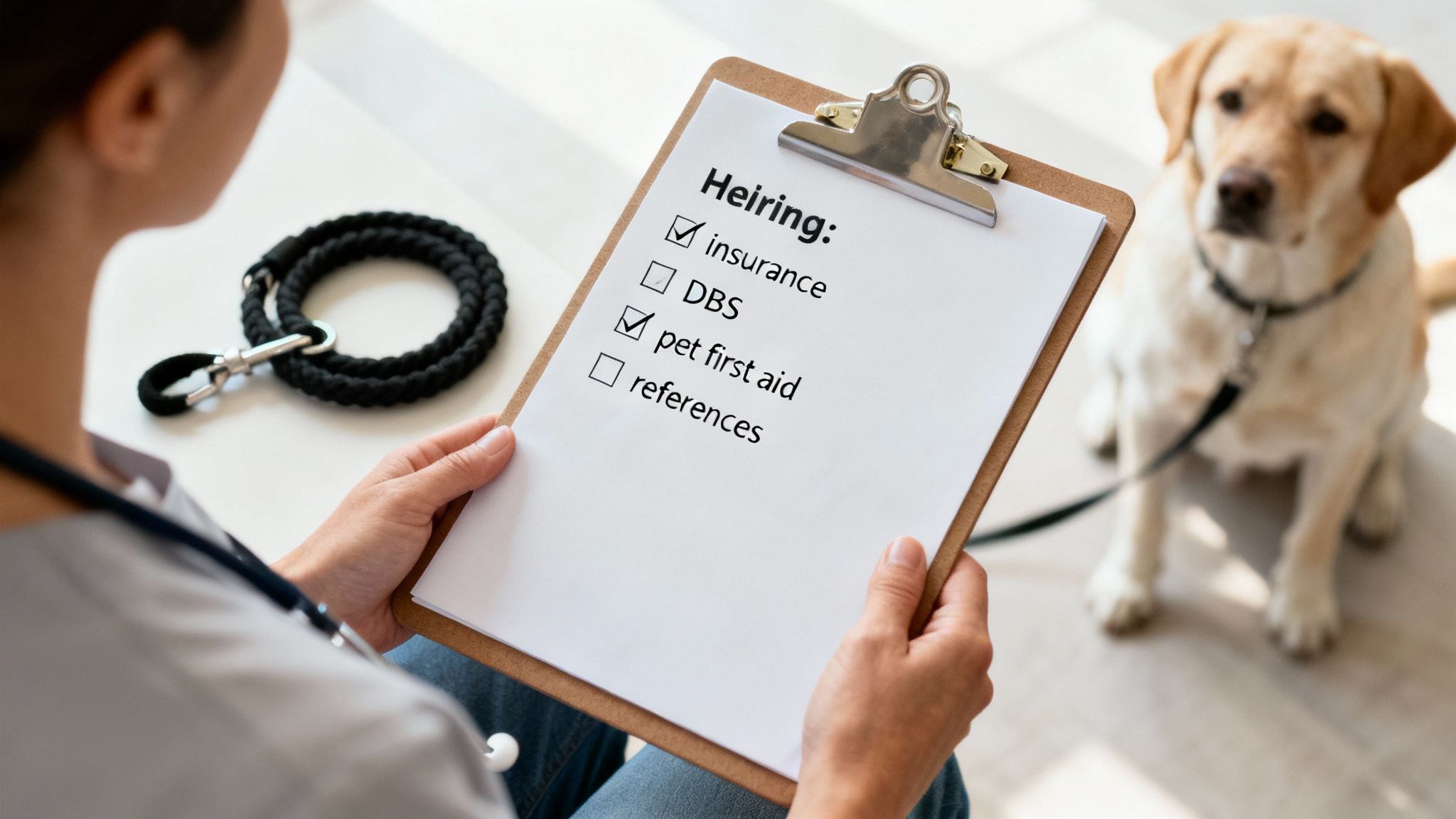 A person holding a clipboard with a checklist, with a happy dog sitting beside them.