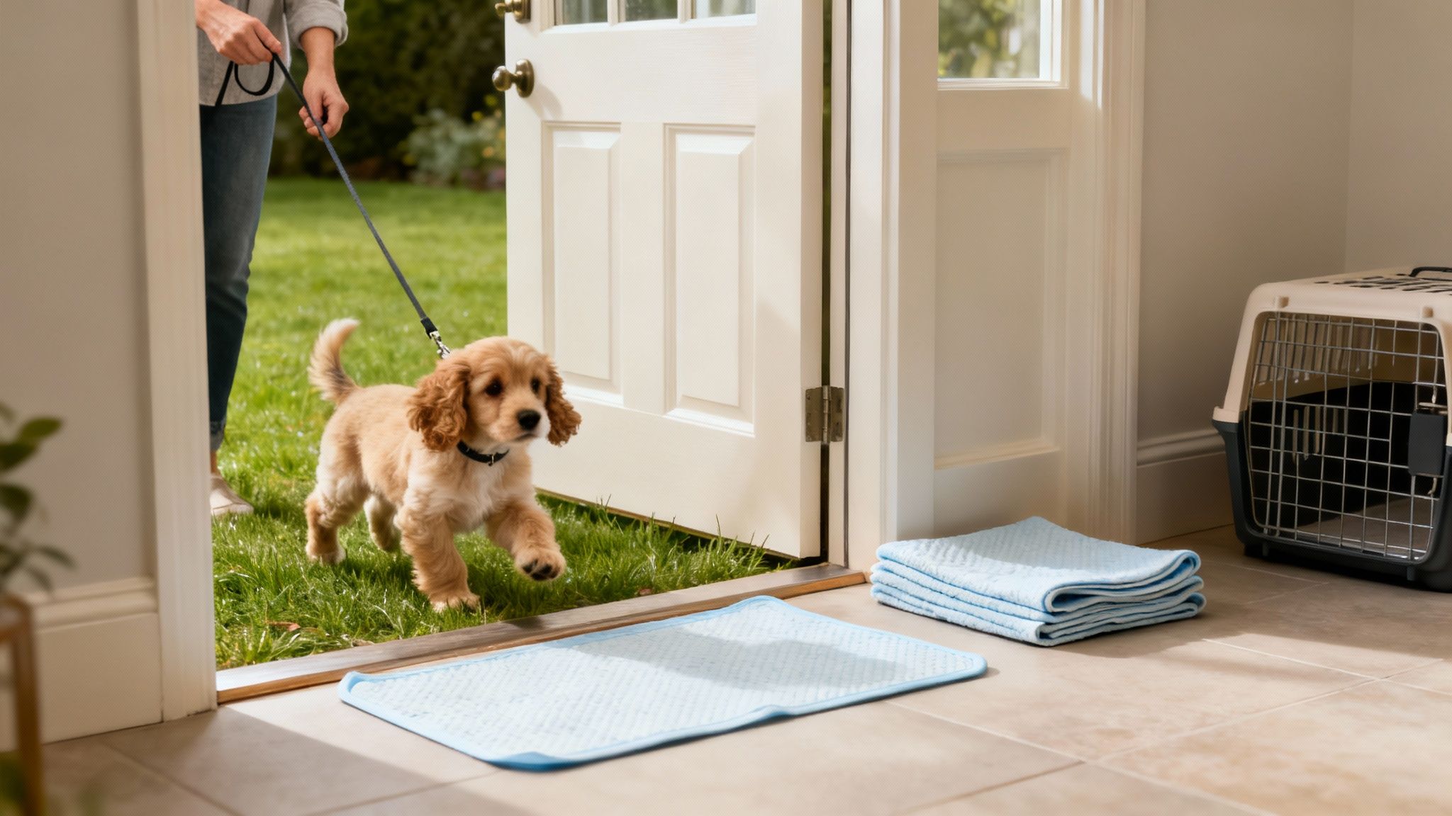 A happy cockapoo sitting on a clean rug at home
