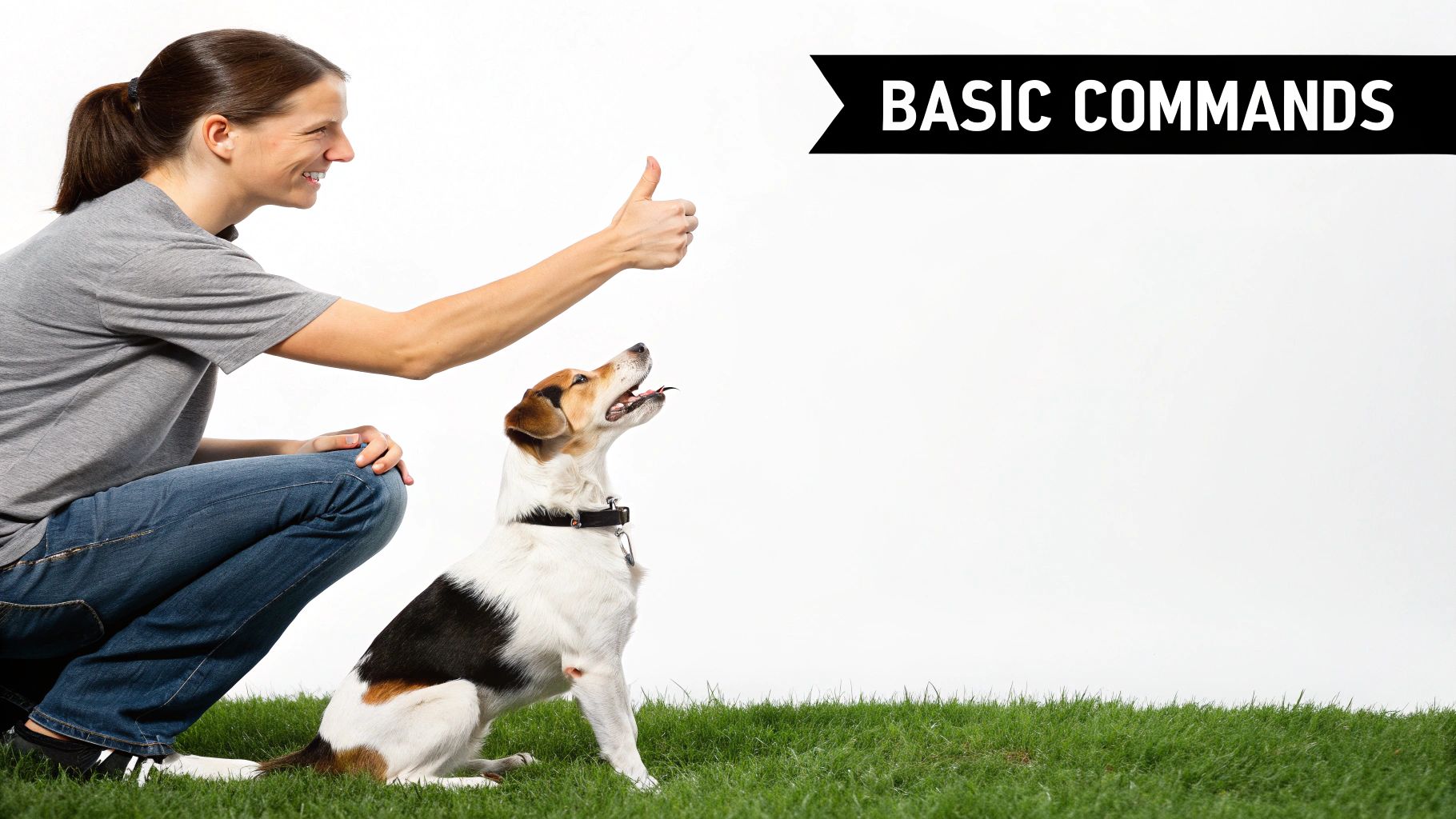 A dog in the 'down' position looking attentively at its owner during a training session.