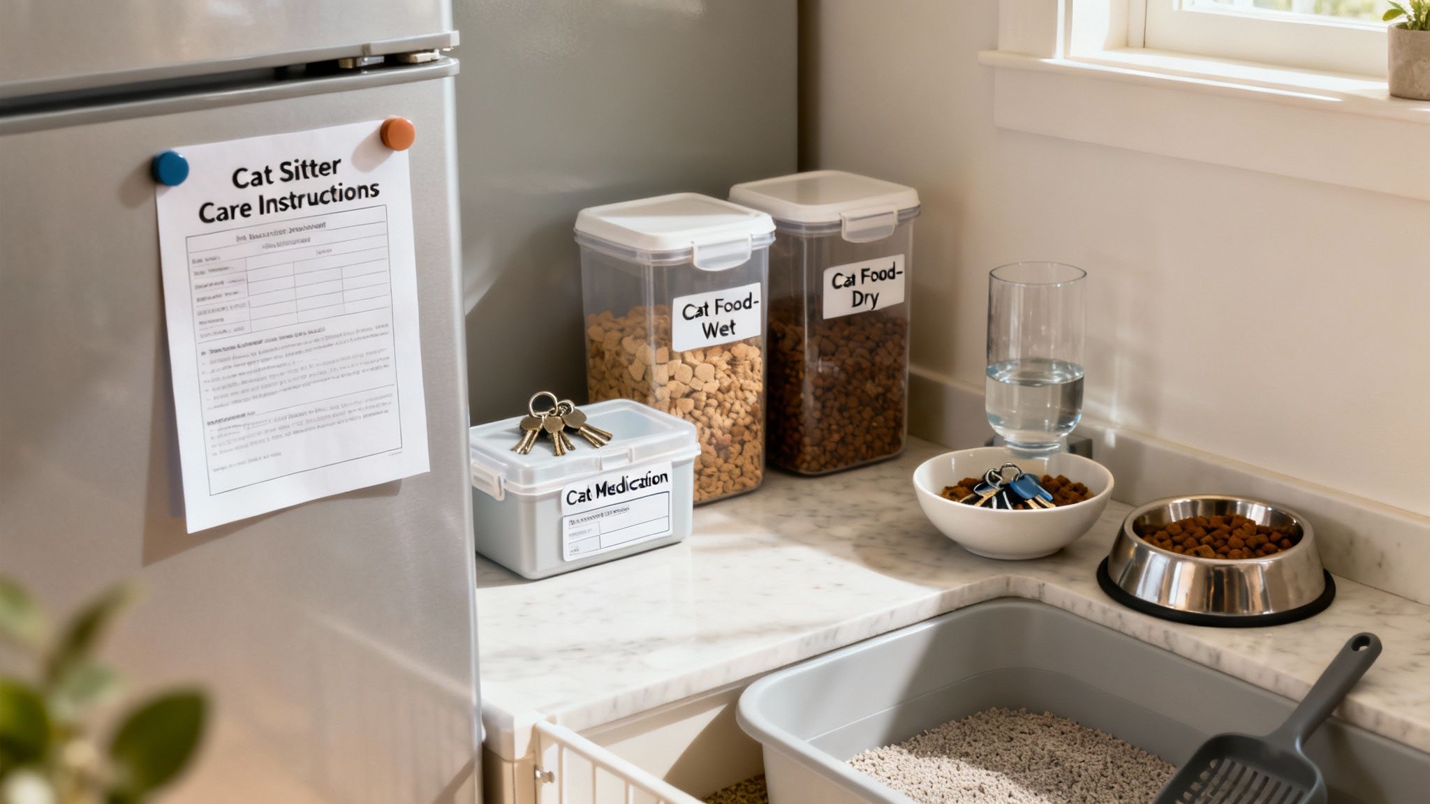 A person leaving out organised cat food and a note for a cat sitter.