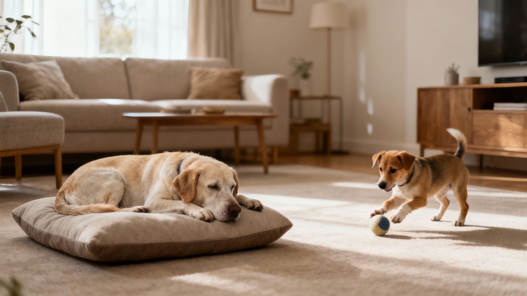 A veterinarian checking the teeth of a healthy-looking brown dog sitting on an examination table.