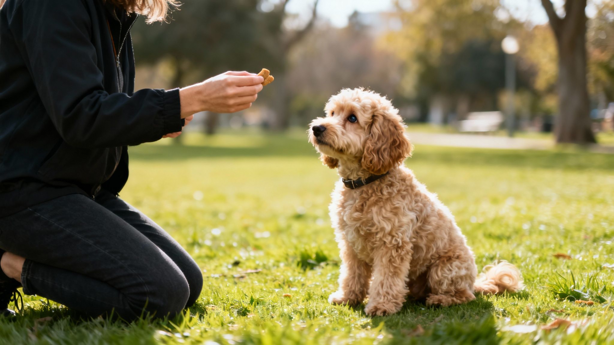 A happy cockapoo learning commands from its owner
