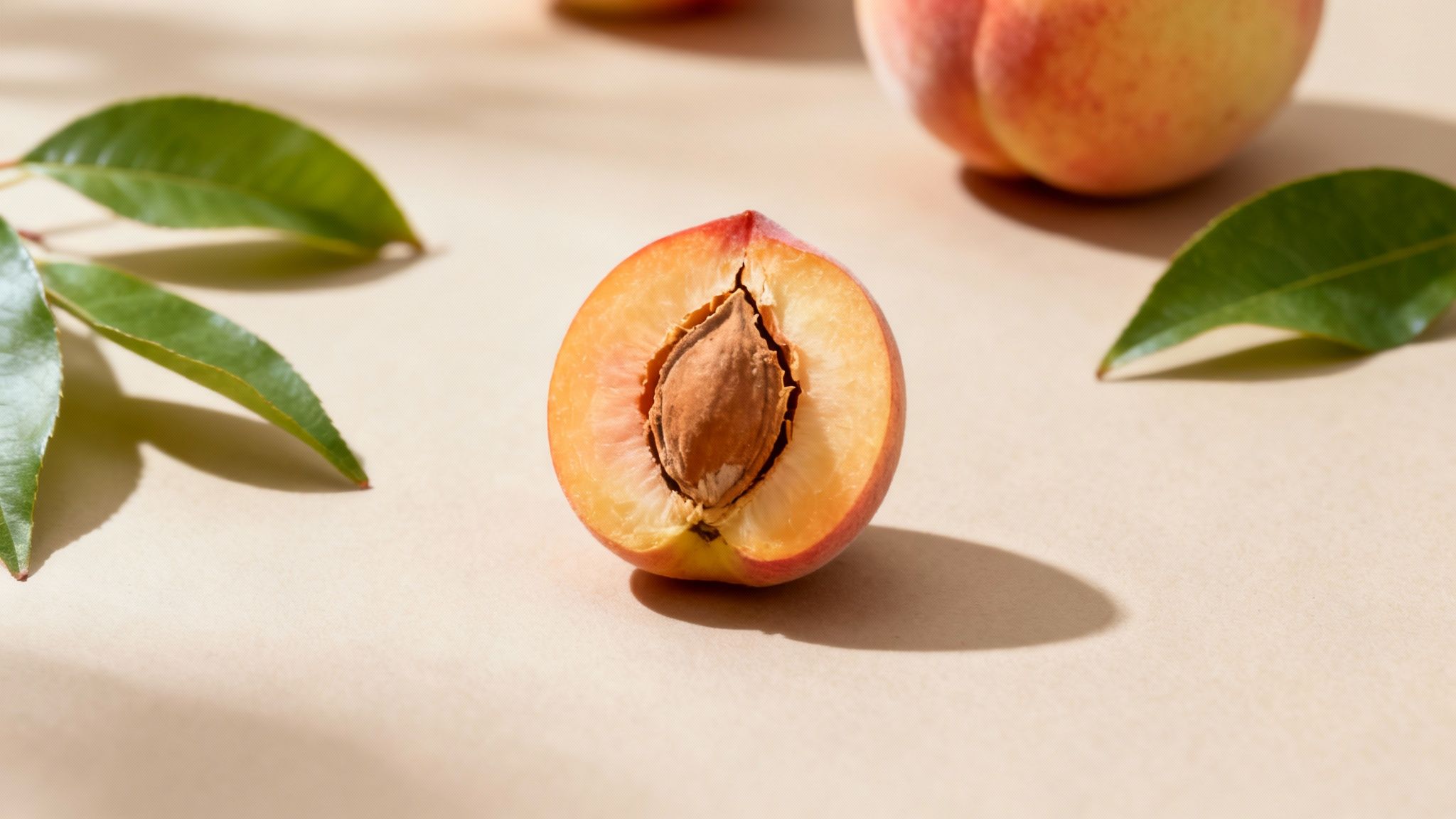 A person holding a peach with the pit exposed, highlighting the potential danger.