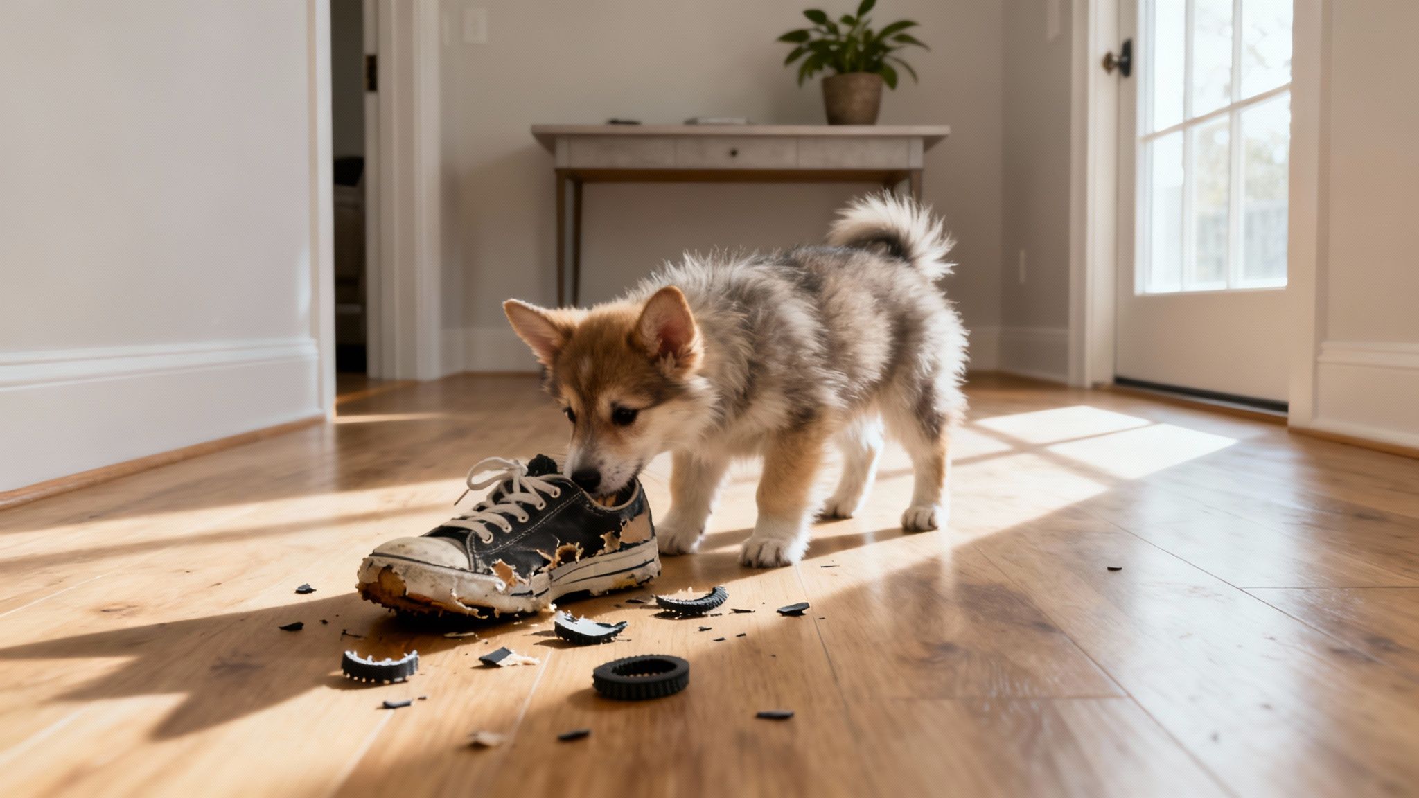 A happy dog chewing on a safe, appropriate toy in a home setting.