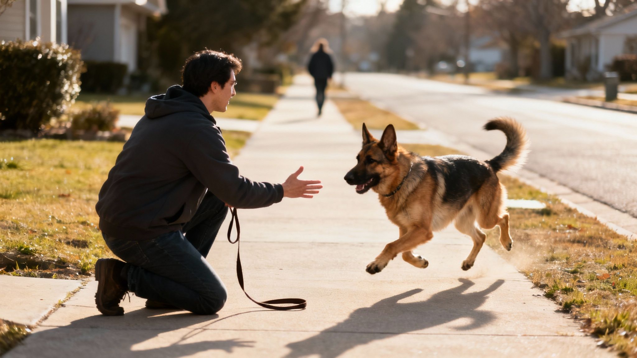 German Shepherd sitting on a forest trail during a training session.