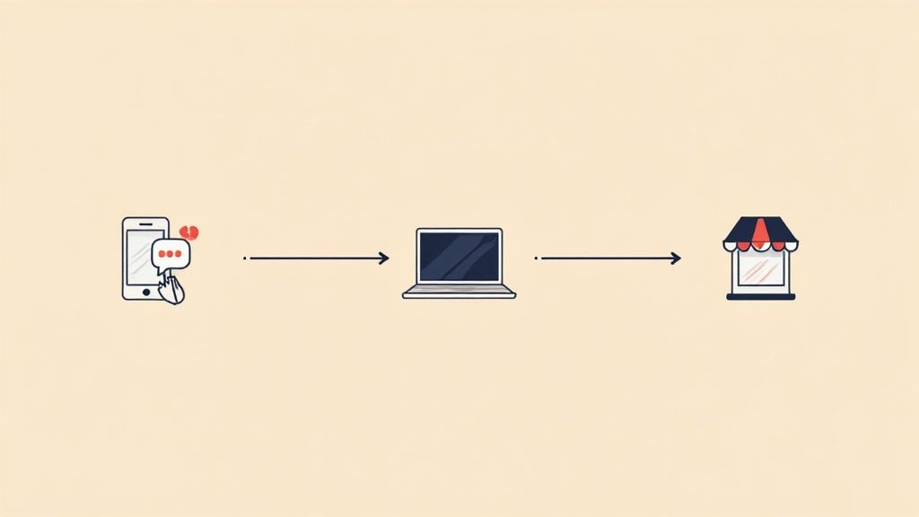 Diagram showing a customer at the centre of various communication channels like social media, website, mobile app, email, and physical store, all interconnected to represent a seamless omnichannel experience.