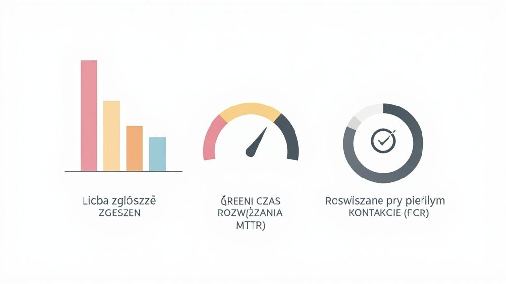Trzy infografiki przedstawiające kluczowe wskaźniki: liczbę zgłoszeń, średni czas rozwiązania (MTTR) i rozwiązywalność przy pierwszym kontakcie (FCR).