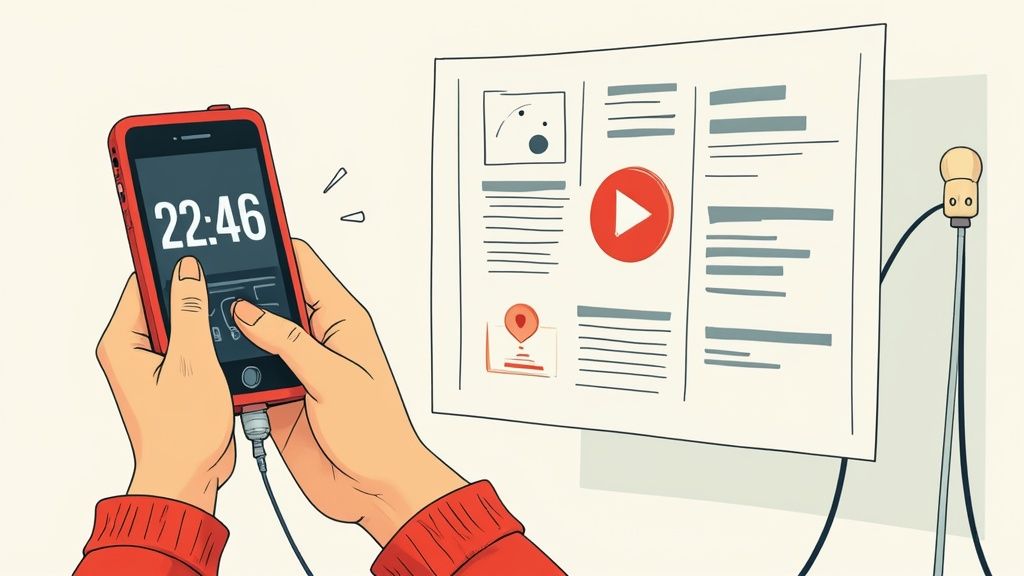 Osoba trzyma smartfon z wyświetloną godziną 22:46, podłączony kablem. W tle tablica z multimediami.