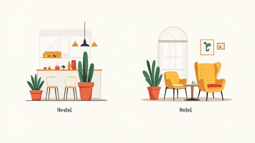 Porównanie wnętrz hostelu i hotelu: kuchnia z barkiem kontra elegancki salon.